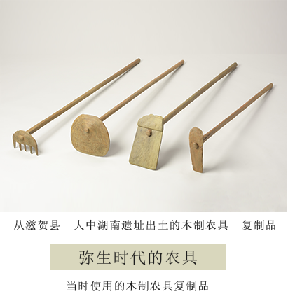 从滋贺县大中湖南遗址出土的木制农具复制品 弥生时代的农具　当时使用的木制农具复制品