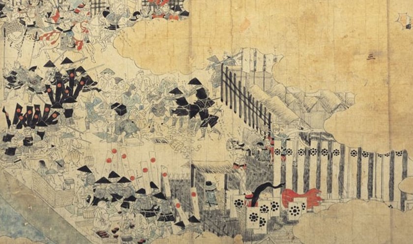Soldiers eating on the battlefield / “Osaka Camp, Winter” (reproduction; detail) – Tokyo National Museum collection