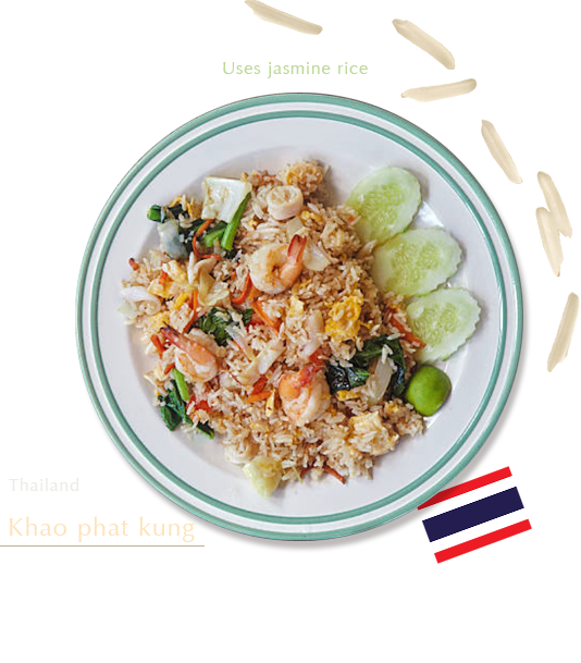 Thailand: Khao phat kung Uses jasmine rice This is Thai fried rice with shrimp. In the Thai language, “khao” means rice, “phat” means fry, and “kung” means shrimp. Khao phat kung uses long-grained Thai rice.