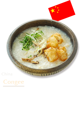 China: Congee Congee consists of rice that has been stewed in a chicken or conpoy stock over a long period of time, until the rice is so soft that the grains are almost imperceptible. This dish is often eaten with toppings such as Szechuan pickles or fried bread sticks.