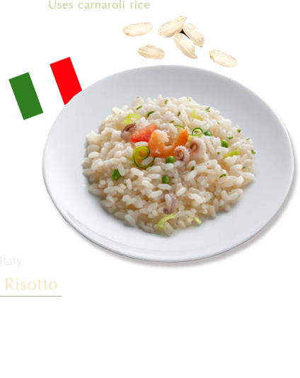 Italy: Risotto Uses carnaroli rice Risotto rice is fried without washing it, then simmered in milk or stock to give it an al dente finish. Risotto uses rice with large grains, such as carnaroli rice.