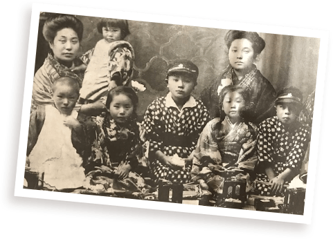大正期あるいは昭和初期に撮影された遊山箱を囲む家族写真