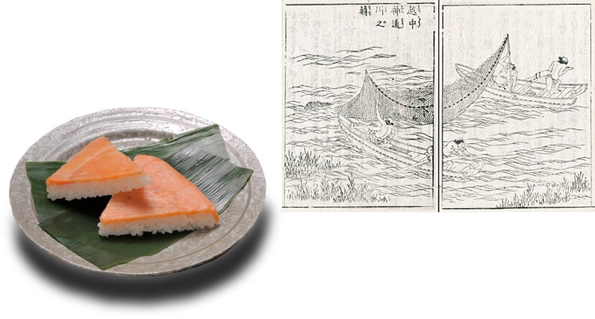写真：ますの寿司と昔の鱒漁の様子が描かれた文献