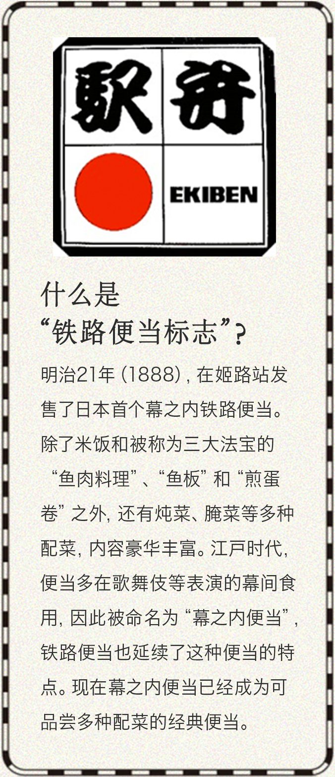 什么是“铁路便当标志”？ 是一般社团法人日本铁道站内营业中央会于昭和63年（1988）设计的标志。制作标志的目的旨在宣传铁路便当和进行促销，提高知名度等。标志设计的外框，象征了便当餐盒的“薄木片”。框中的十字象征了便当隔板的“和”，红圈则代表了“太阳便当”和“人与人交流的温馨”的含义。
