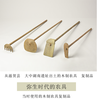 从滋贺县大中湖南遗址出土的木制农具复制品 弥生时代的农具　当时使用的木制农具复制品