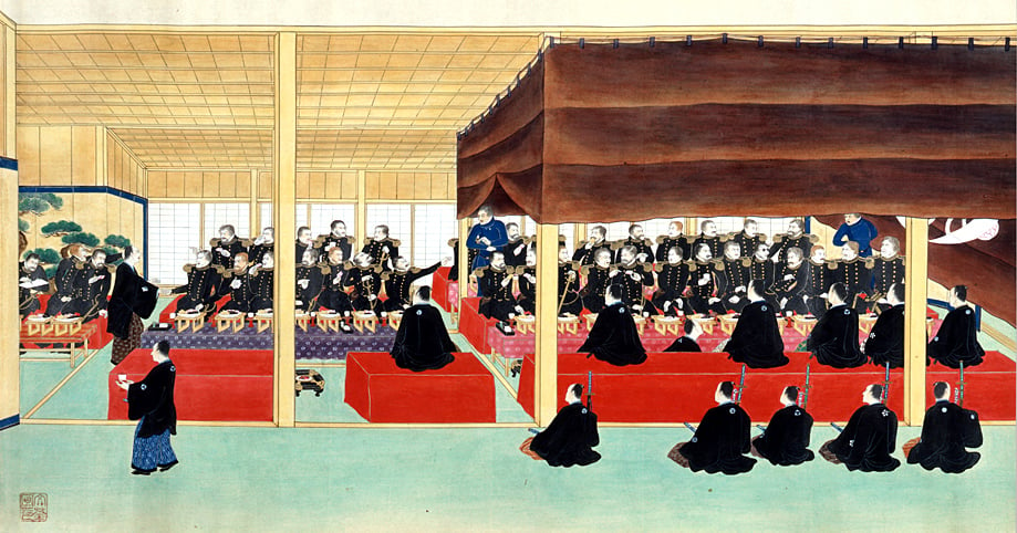 图片：描绘了嘉永7年（1854年）佩里再次率领舰队来到日本时，幕府设席飨宴的情形。