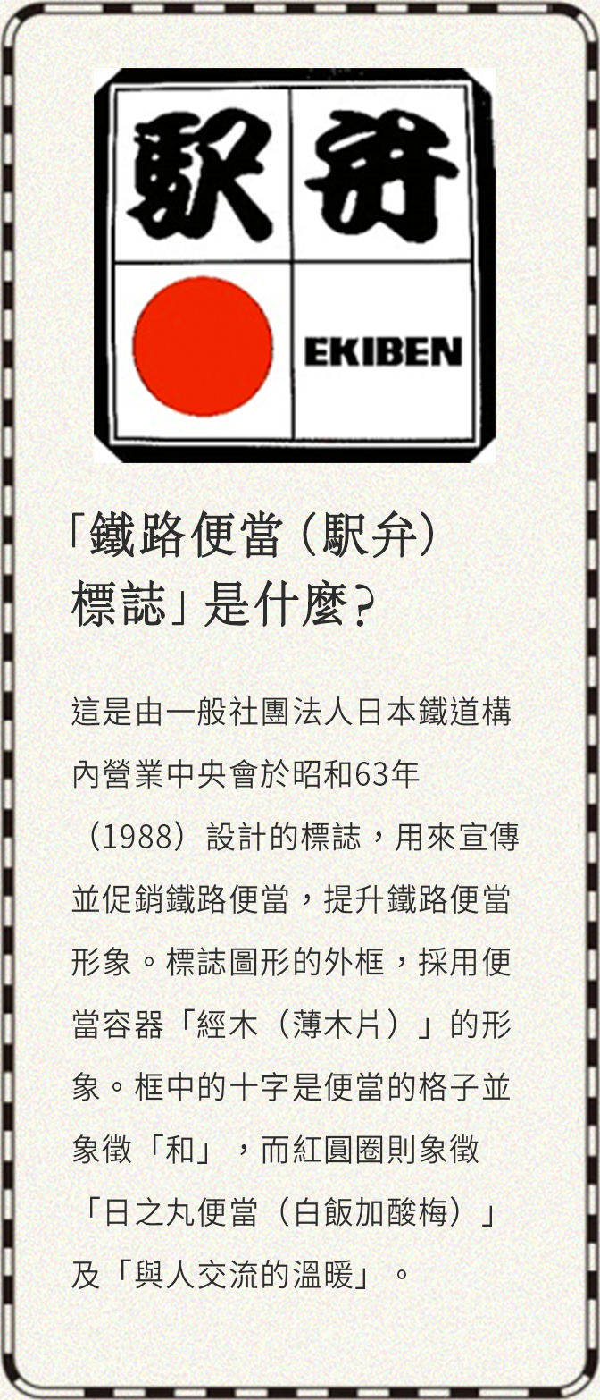 「鐵路便當（駅弁）標誌」是什麼？ 這是由一般社團法人日本鐵道構內營業中央會於昭和63年（1988）設計的標誌，用來宣傳並促銷鐵路便當，提升鐵路便當形象。標誌圖形的外框，採用便當容器「經木（薄木片）」的形象。框中的十字是便當的格子並象徵「和」，而紅圓圈則象徵「日之丸便當（白飯加酸梅）」及「與人交流的溫暖」。